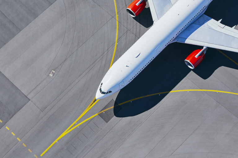 Aerial view of plane on runway