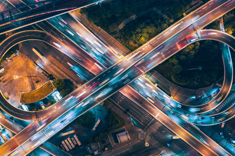 Aerial view of overpass at night