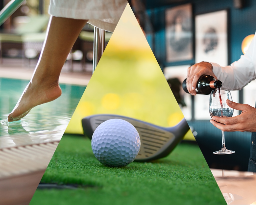 Golf club, Spa and man pouring a glass of wine