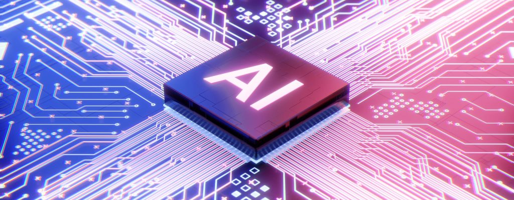 AI microprocessor on motherboard computer circuit, Artificial intelligence integrated inside Central Processors Unit or CPU chip, 3d rendering futuristic digital data technology concept background