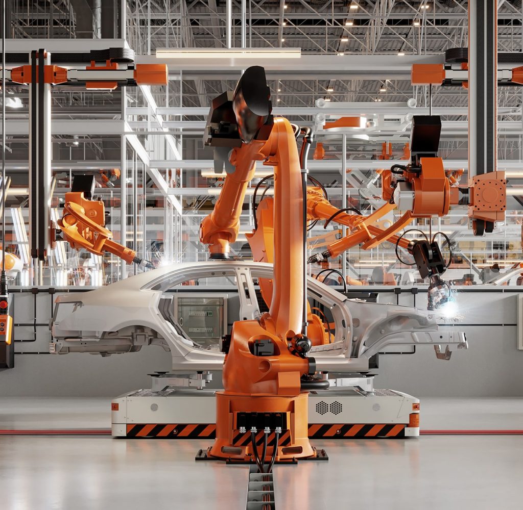 3d rendering of robotic arms welding parts on car body on automated production line. Digitally generated image of an automatic car manufacturing line in an automobile factory.